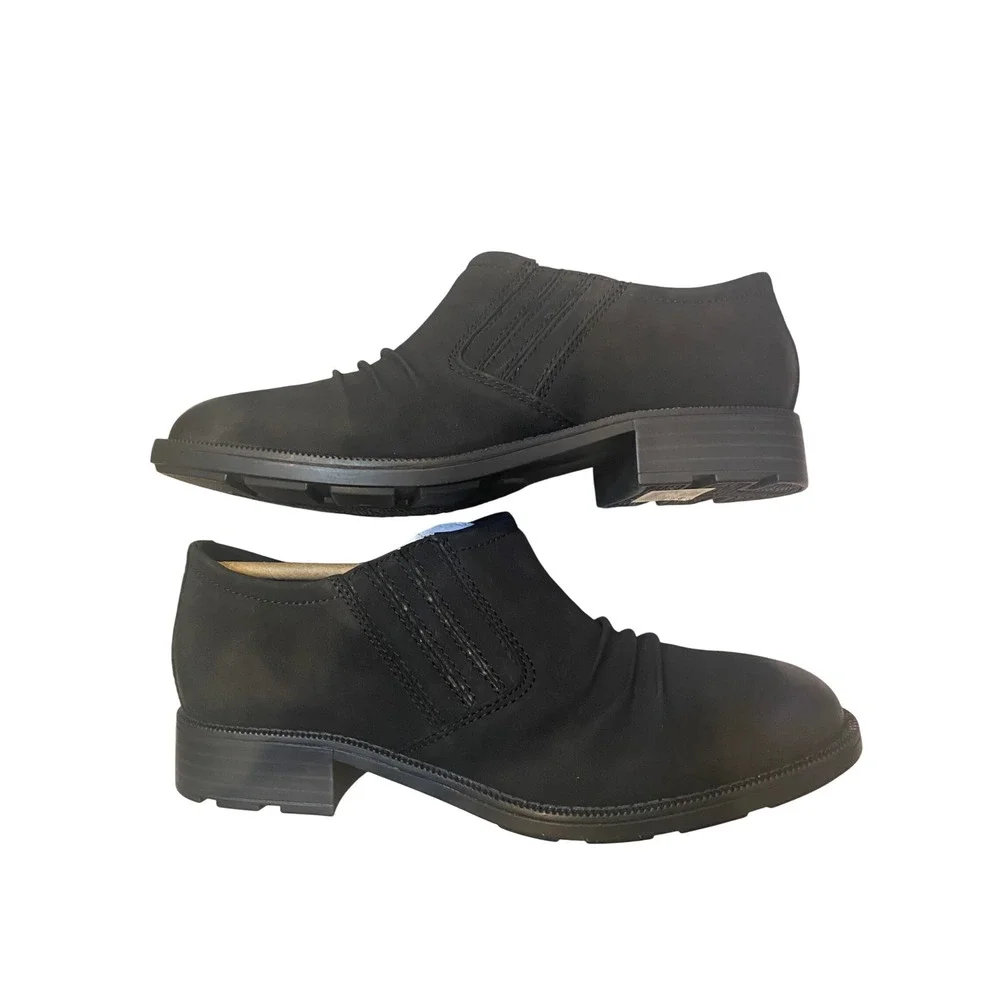 Clarks Adlynn Ezra Black‎ Nubuck Leather Ruched Zip Ankle Boots Womens 9W NEW